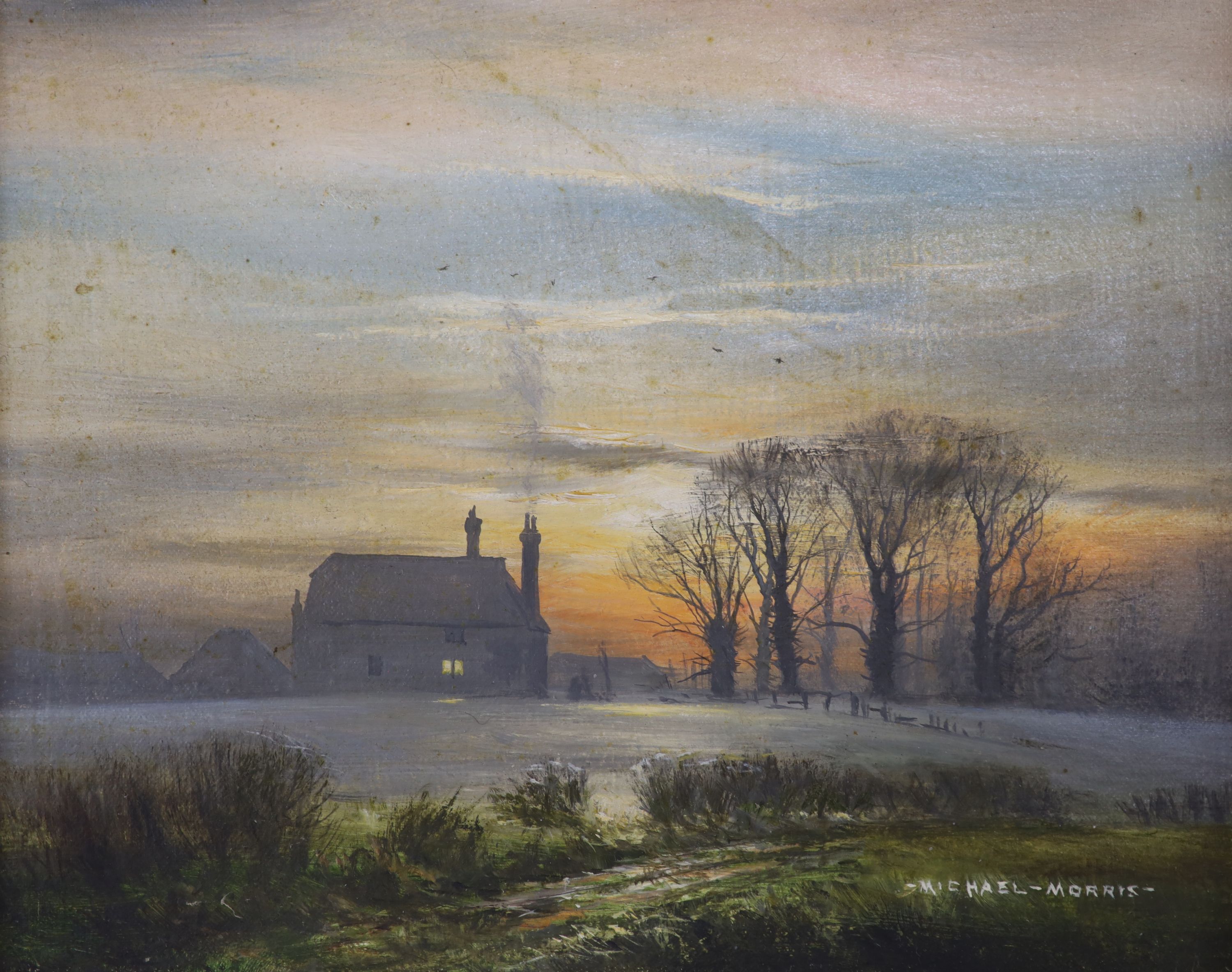 Michael Morris (1942-), oil on canvas, House in winter at sunset, signed, 20 x 25cm